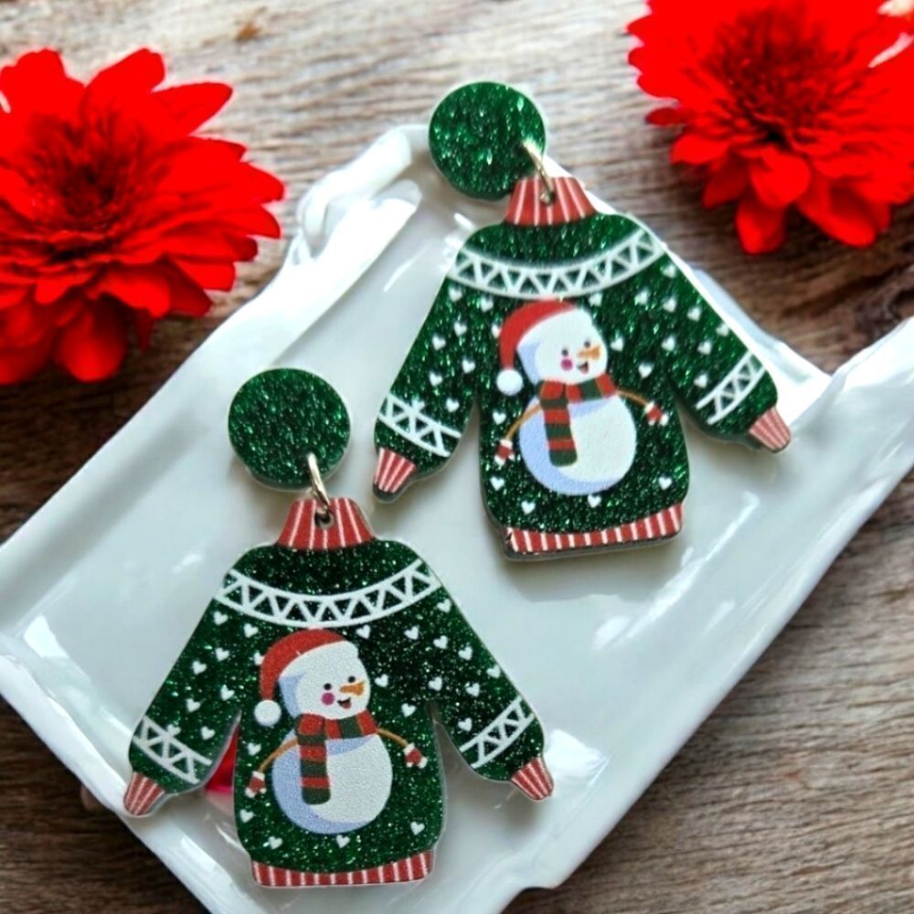 Ugly Christmas Sweater Earrings🎄Green Glitter Snowman Festive Holiday Jewelry